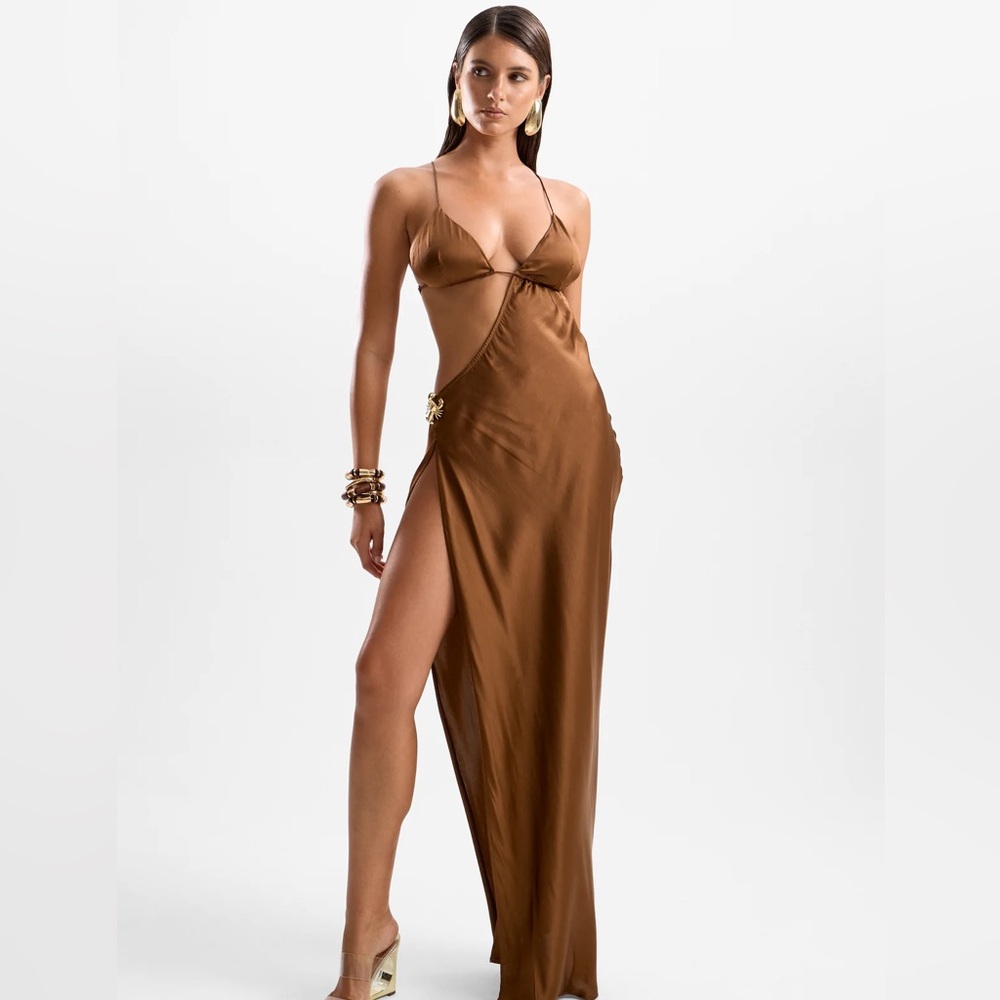 NWT Cin Cin VILLA LOBSTER MAXI DRESS - MOCHA in brown satin dress - Picture 3 of 5